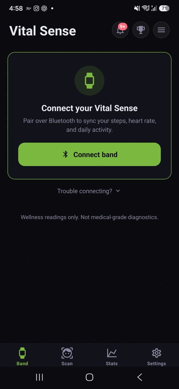 VitalHealth Global app screen with the option to connect VitalSense over Bluetooth