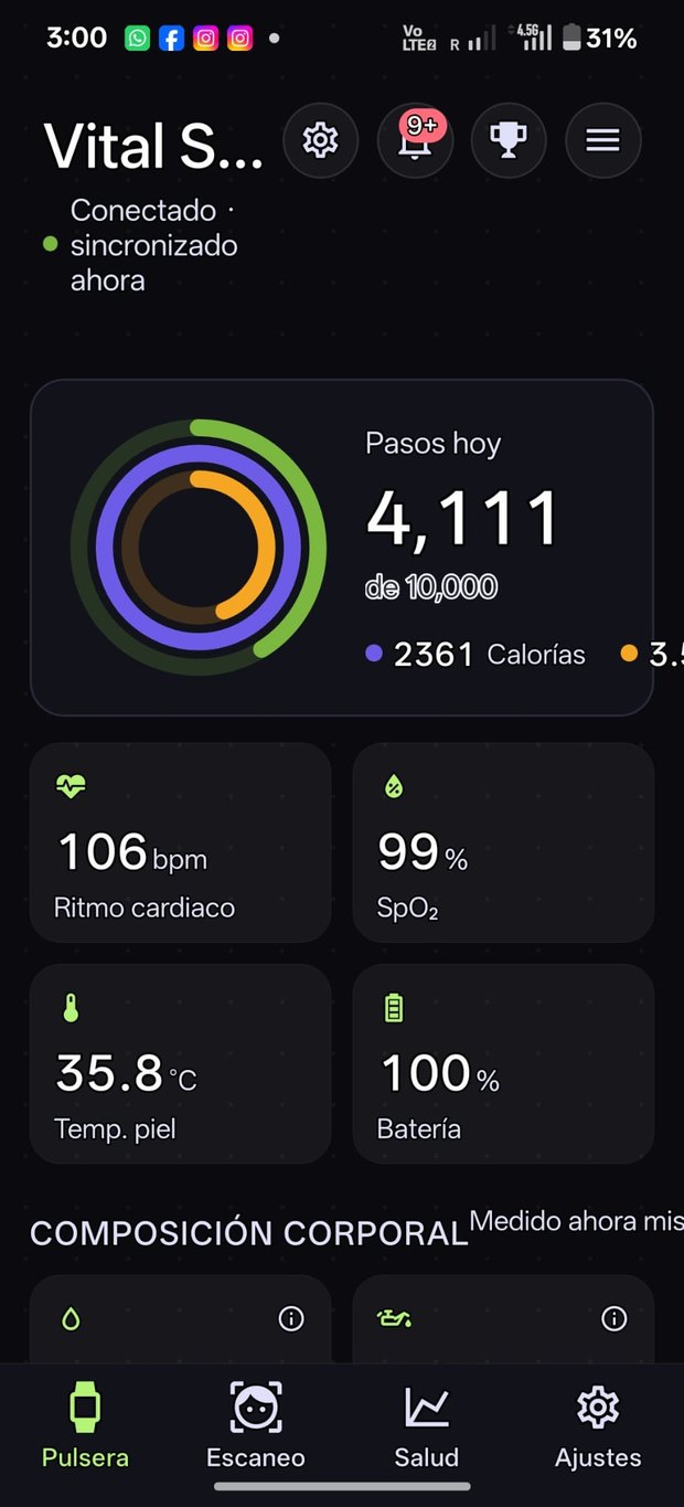 App view with steps, activity, heart rate, oxygen, skin temperature, and battery